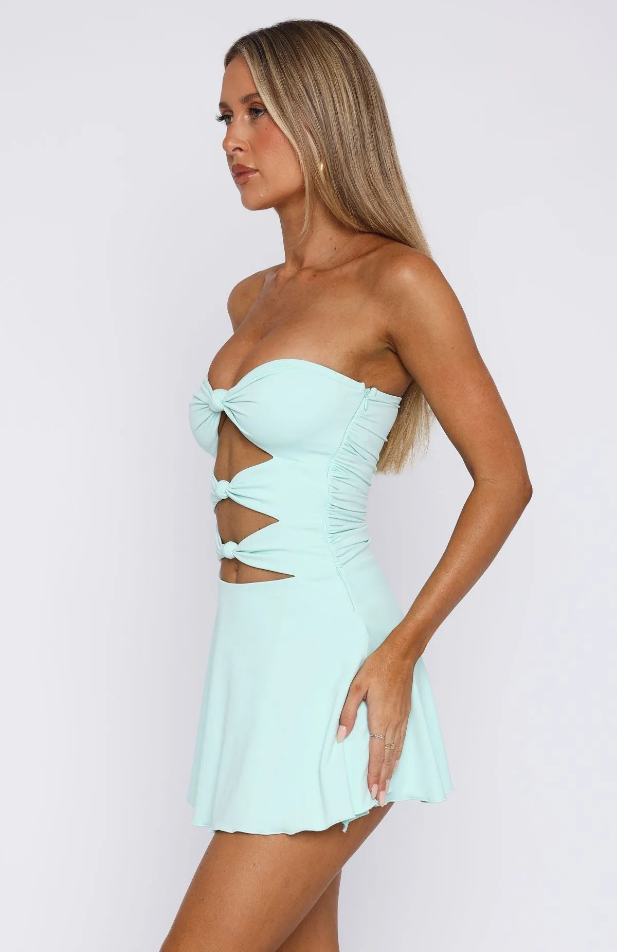 Sneaky Games Strapless Mini Dress Aqua Pure Tone Family Joy