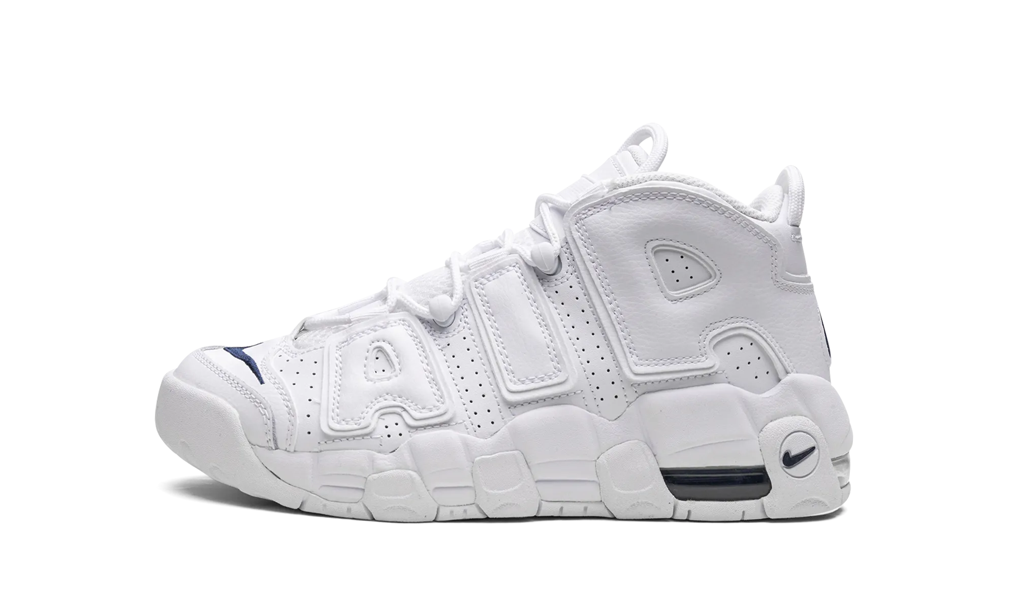 AIR MORE UPTEMPO GS "White / Navy" running with a hat
