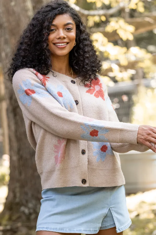 Angel Taupe Floral Print Cardigan Durable Reinforcements ReinforcedKnees