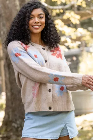 Angel Taupe Floral Print Cardigan Durable Reinforcements ReinforcedKnees