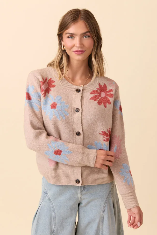 Unique Cut LightweightWeave Angel Taupe Floral Print Cardigan