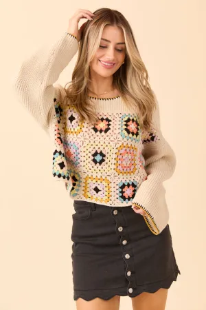 Stretchable Waistband Street Fest Noel Multi Cropped Crochet Sweater
