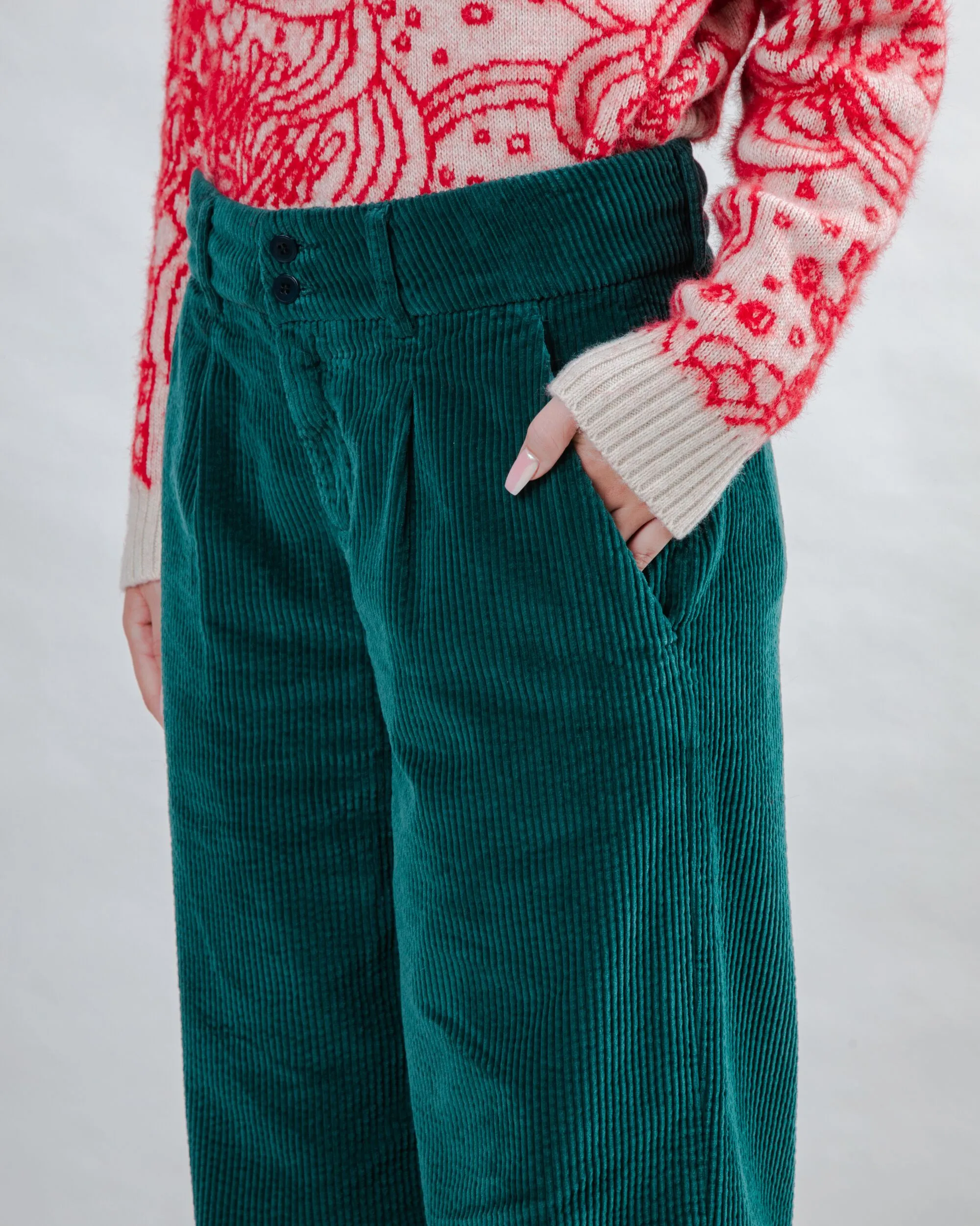 Corduroy Pleated Pants Dark Green Layer Ready Sweat Wicking Liner