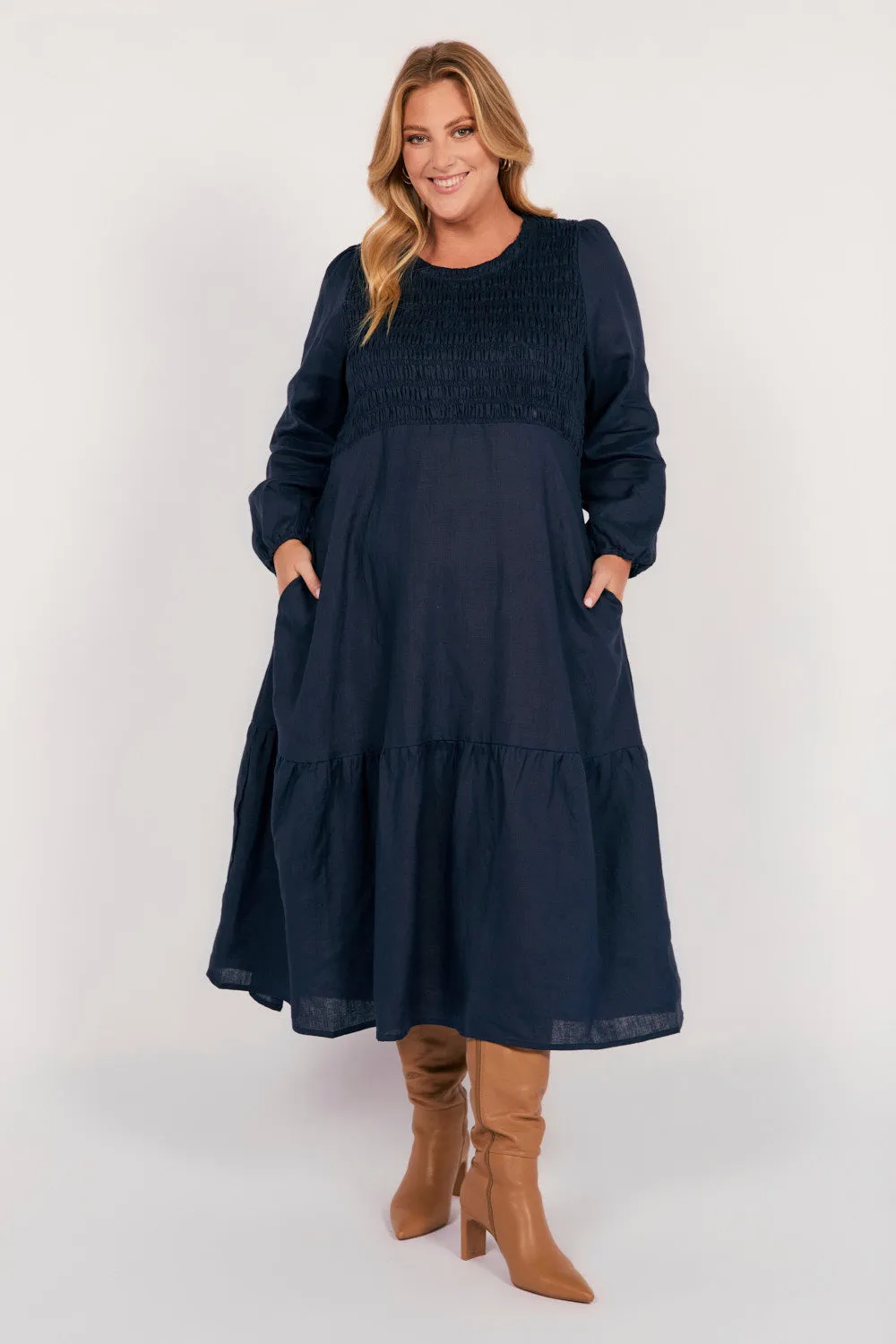 Minden Linen Long Sleeve Shirred Dress in Navy Subtle Touch