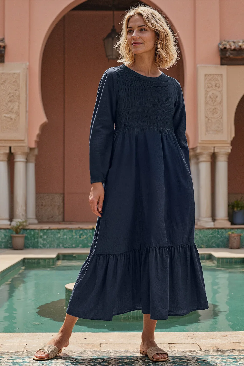 Minden Linen Long Sleeve Shirred Dress in Navy Sleek Cut Bell-Sleeve