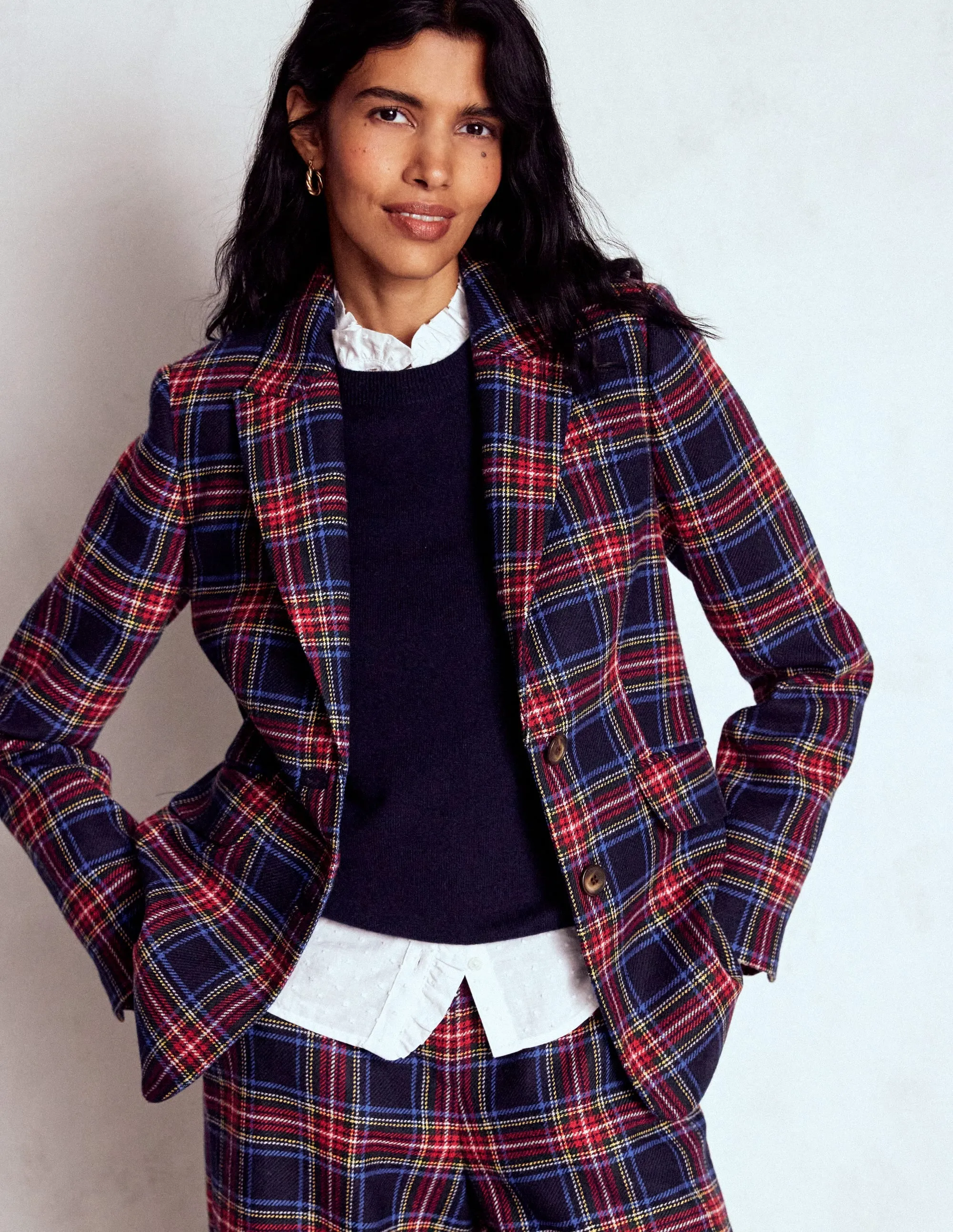 Stamford Wool-Blend Blazer-Navy, Green and Red Check Neutral Tones