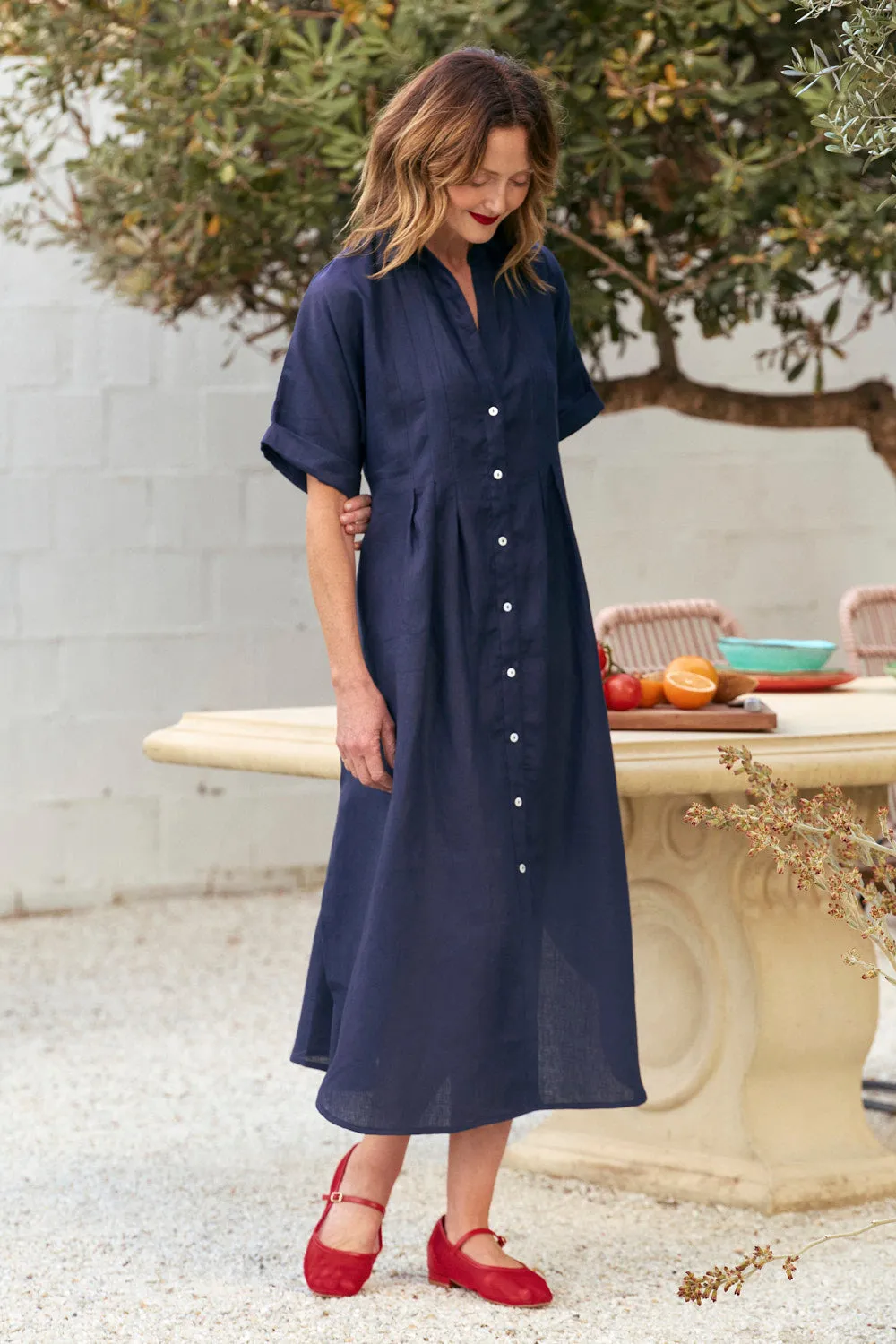 Bridget Linen Pleated Dress in Navy Polished office dress