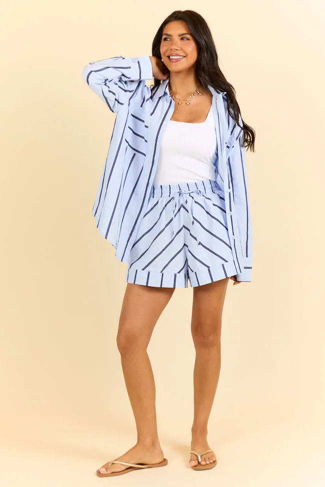 Seasonal Fashion Stay Anchored Light Blue Stripe Button Down Shirt and Shorts Set SALE