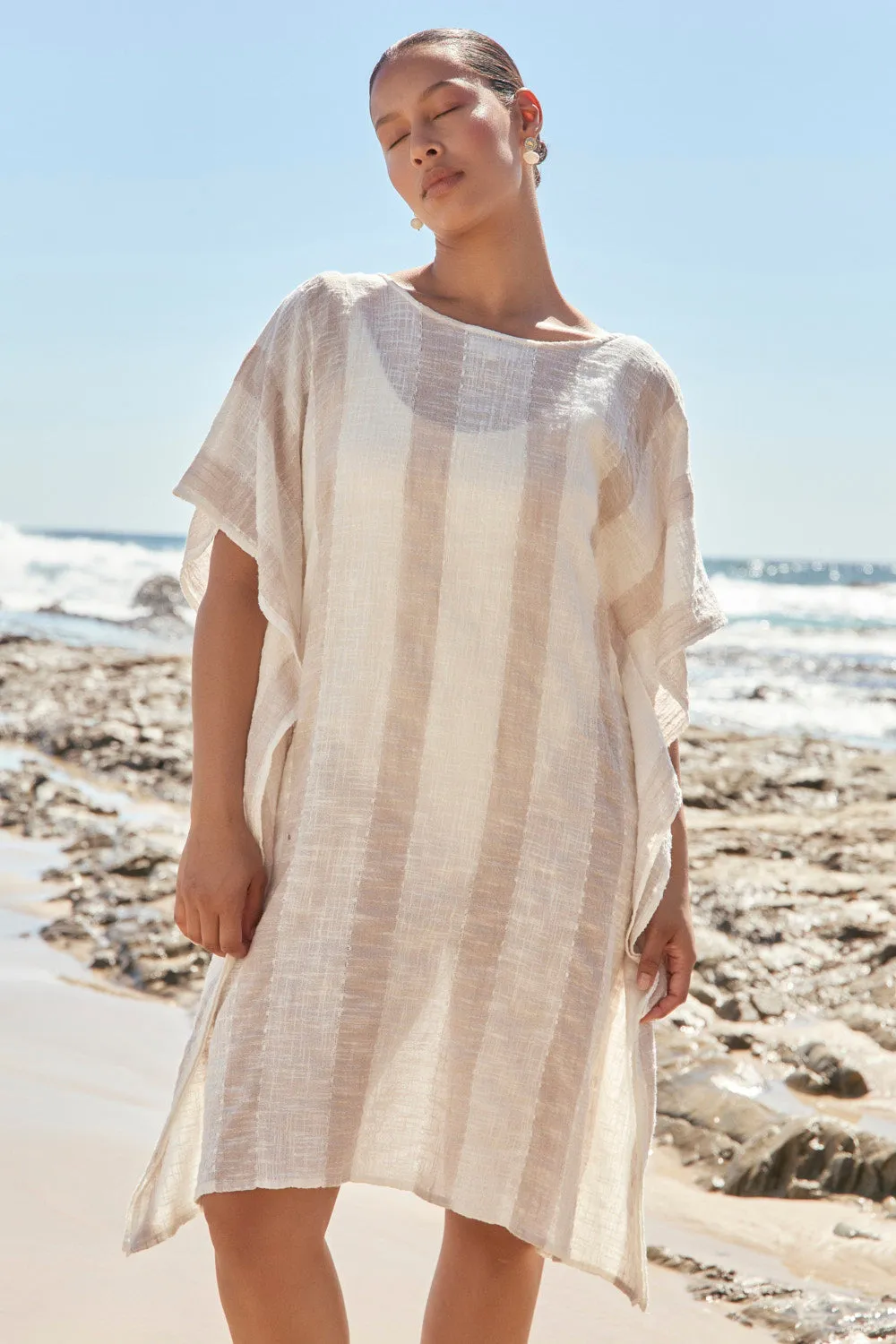 Invisible-Zip Liesl Short Kaftan in Natural Stripe