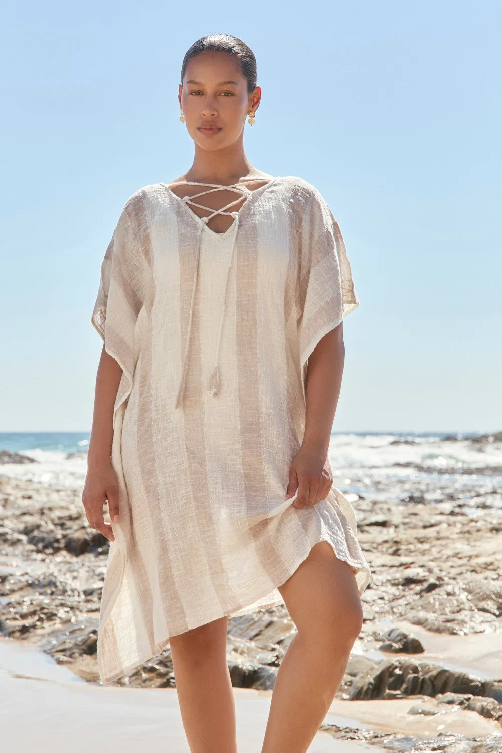 Liesl Short Kaftan in Natural Stripe Day Ready Look