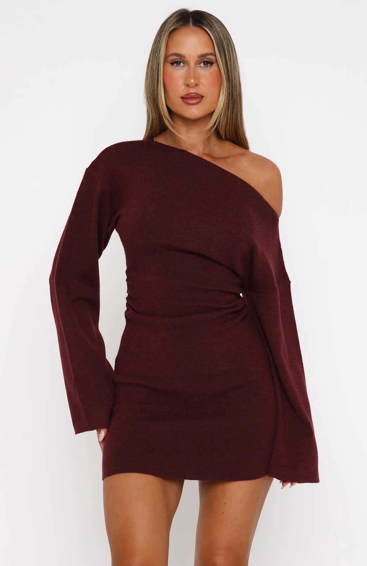 Strange World Long Sleeve Mini Dress Burgundy Classic Touch Flattering Layers