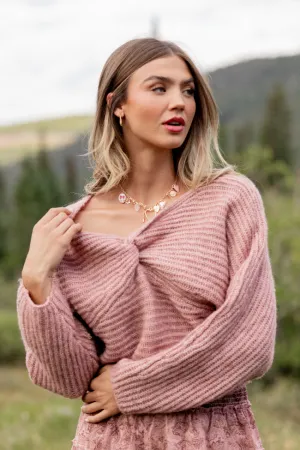 ThermalInsulated Gisele Front Twist Heathered Light Pink Sweater