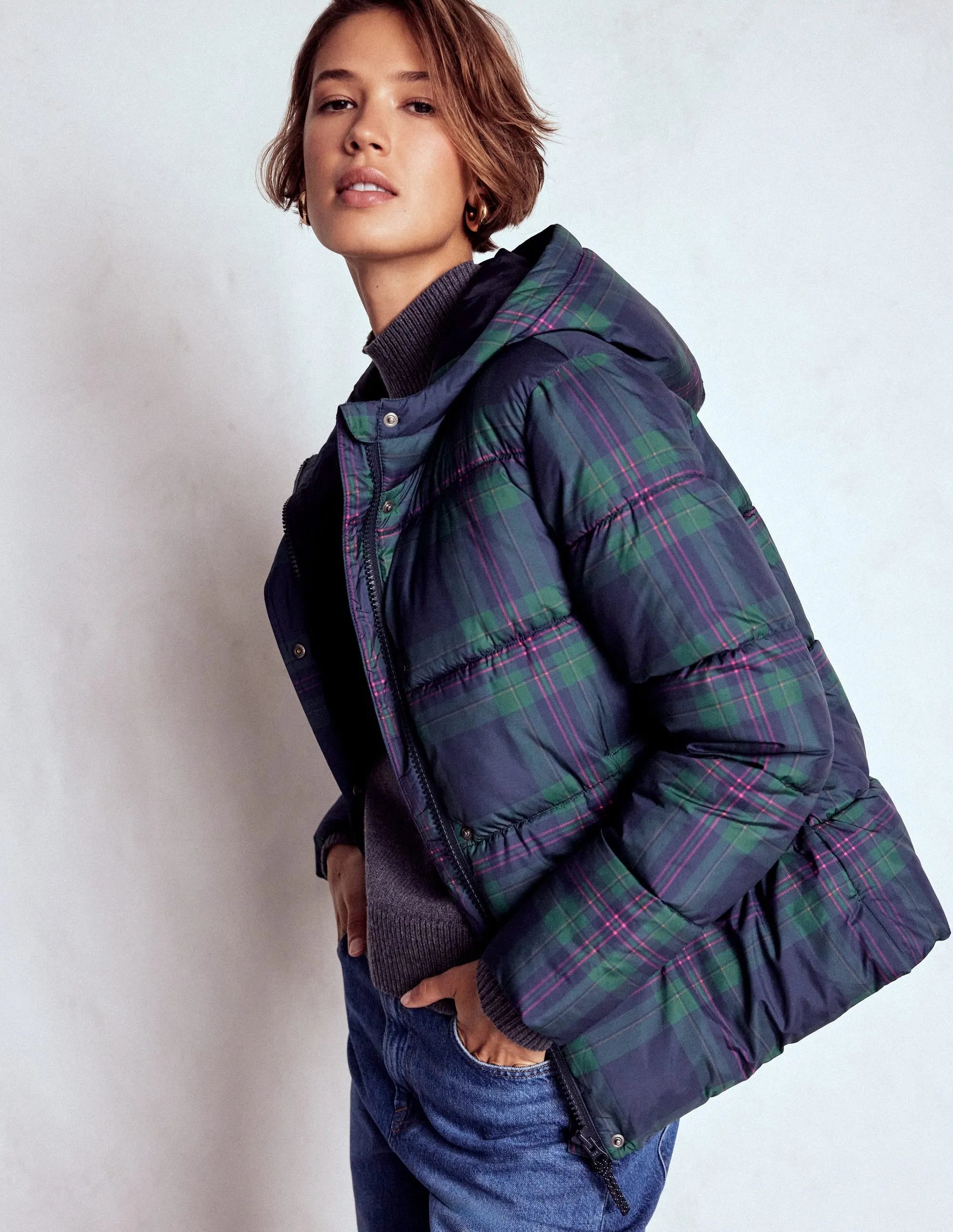 Padded Puffer Coat-Navy & Green Tonal Check retro look Compressed Packing Design