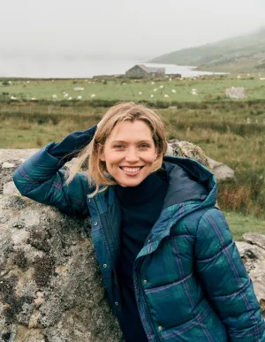 Mild Day Outfit Winter Fashion Padded Puffer Coat-Navy & Green Tonal Check