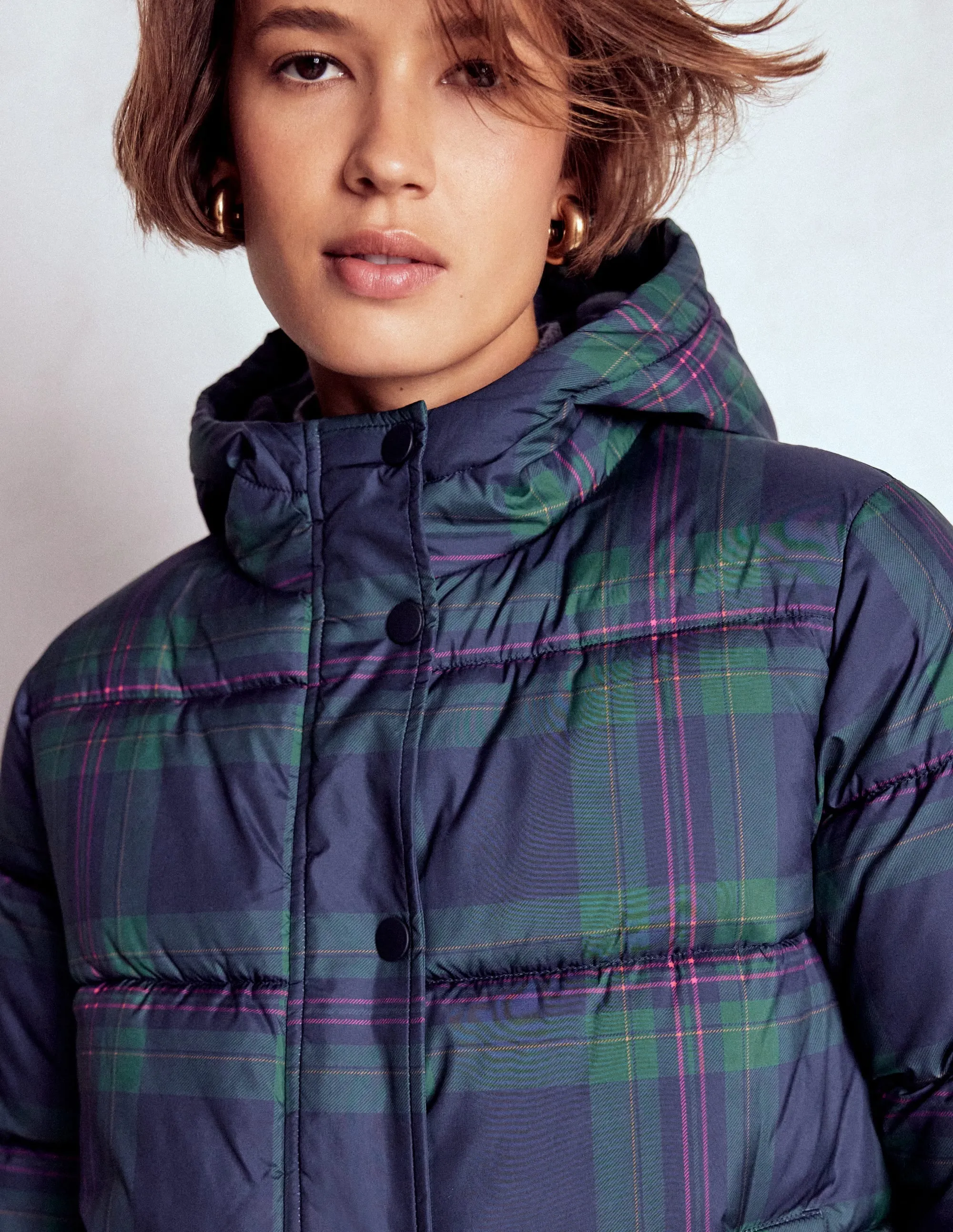 Padded Puffer Coat-Navy & Green Tonal Check Smart Casual Piece understated look