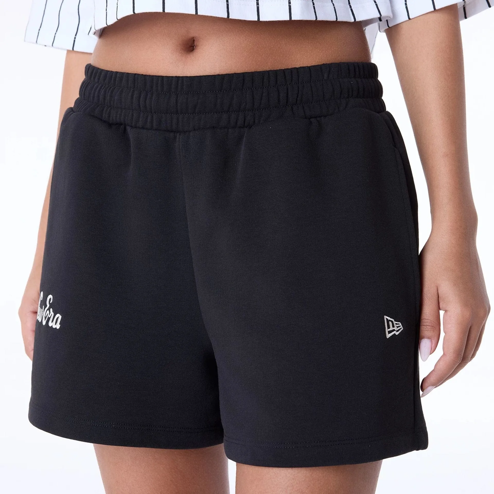Womens New Era Script Black Shorts Stretch Woven Fabric