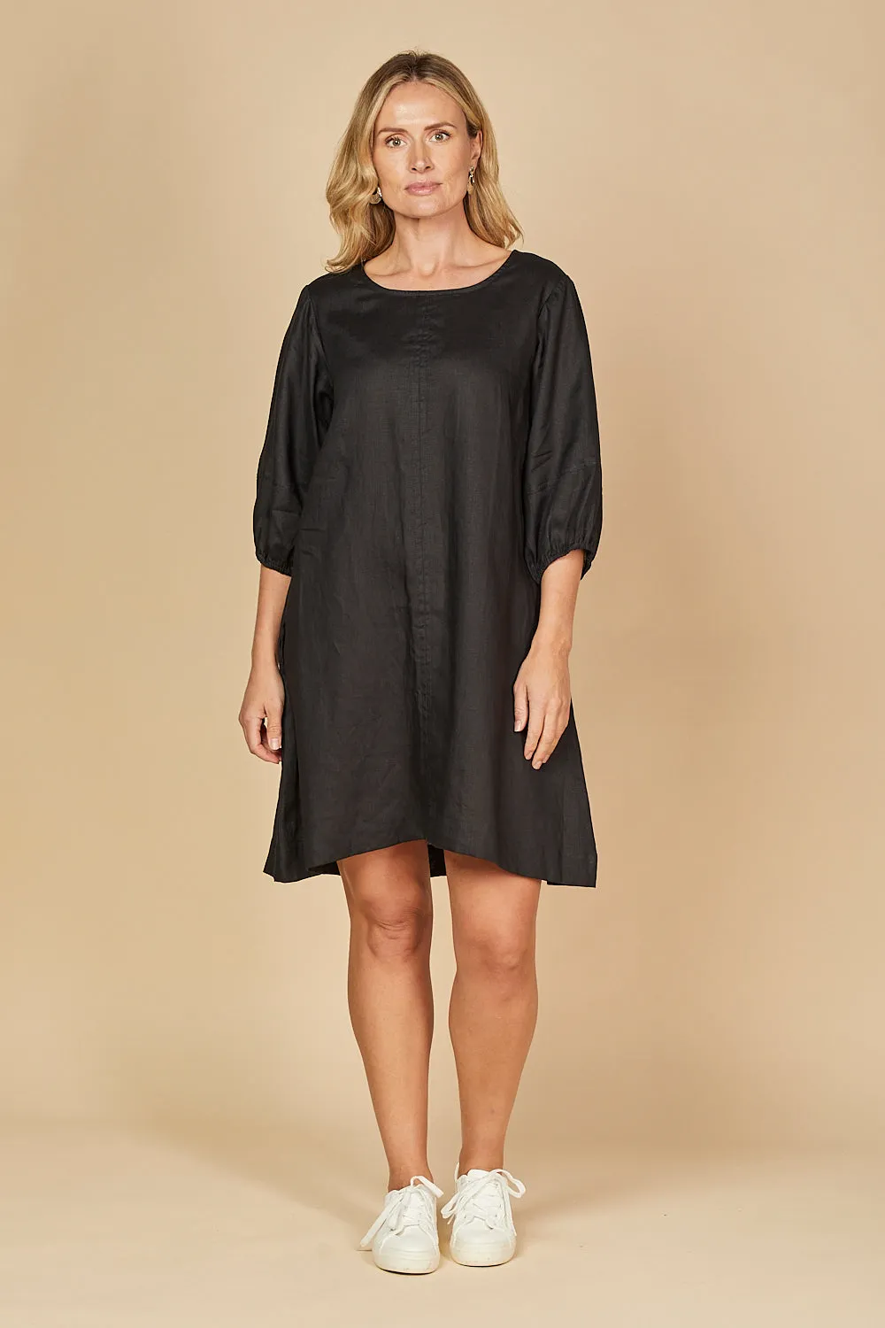 Classic A-line design Hazel Short Linen Shift Dress in Black