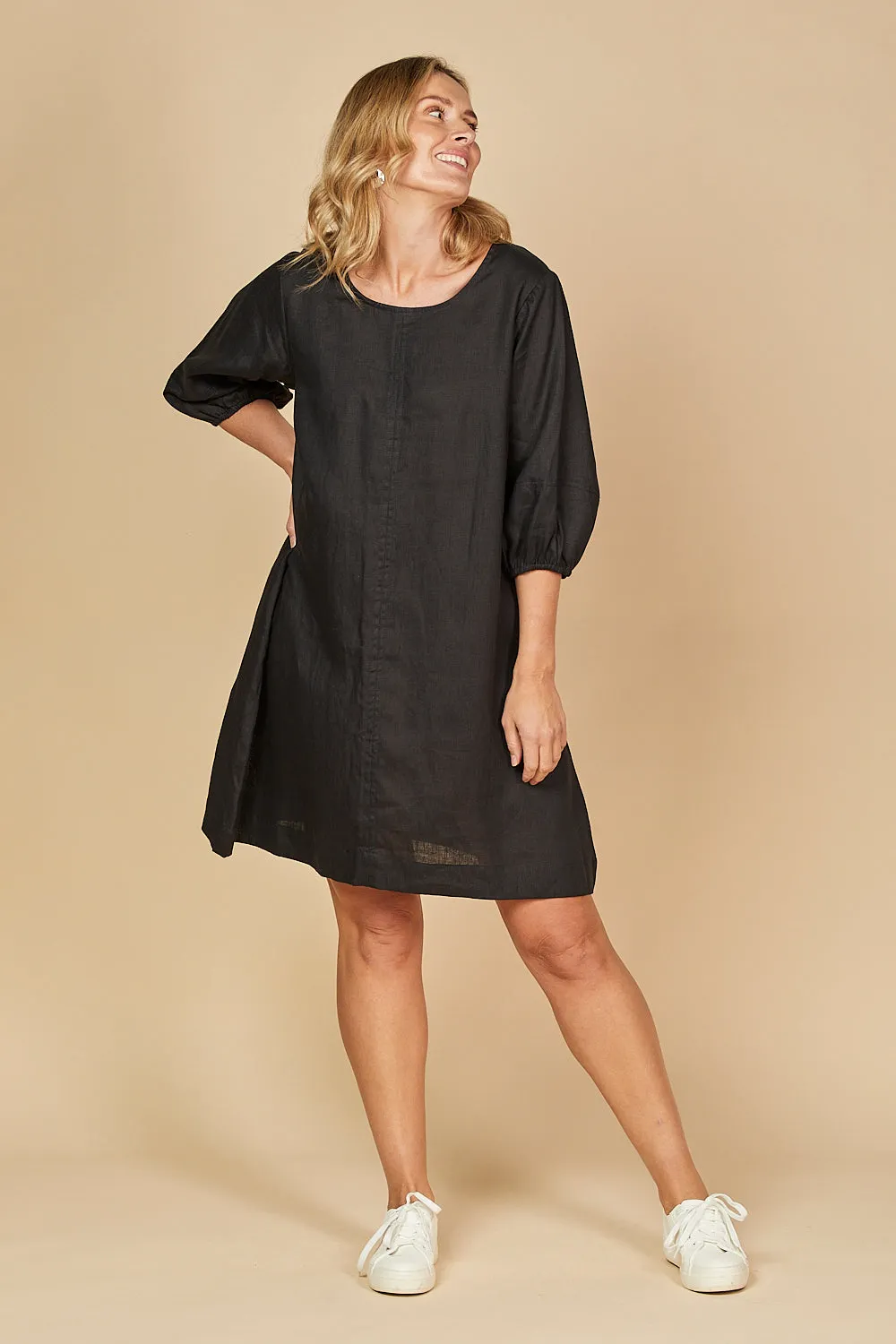 Hazel Short Linen Shift Dress in Black Bold colors Relaxed-fit