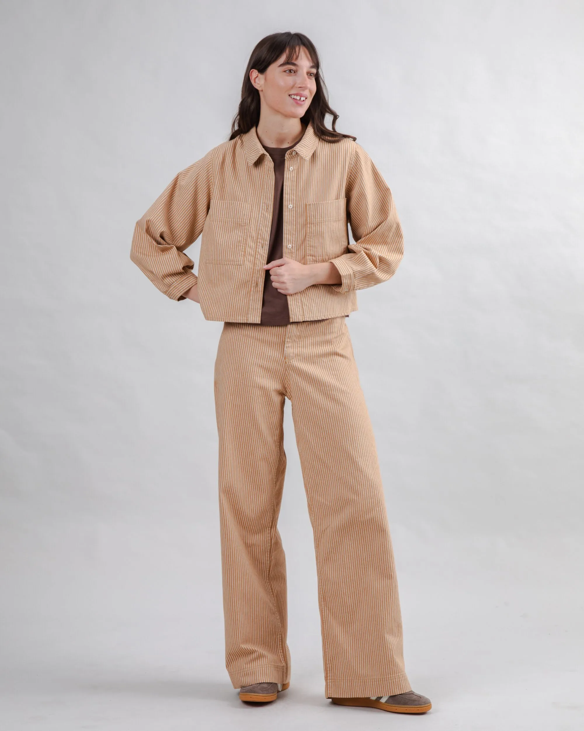 Relaxed Design Wear Stripes Straight Leg Pants Camel
