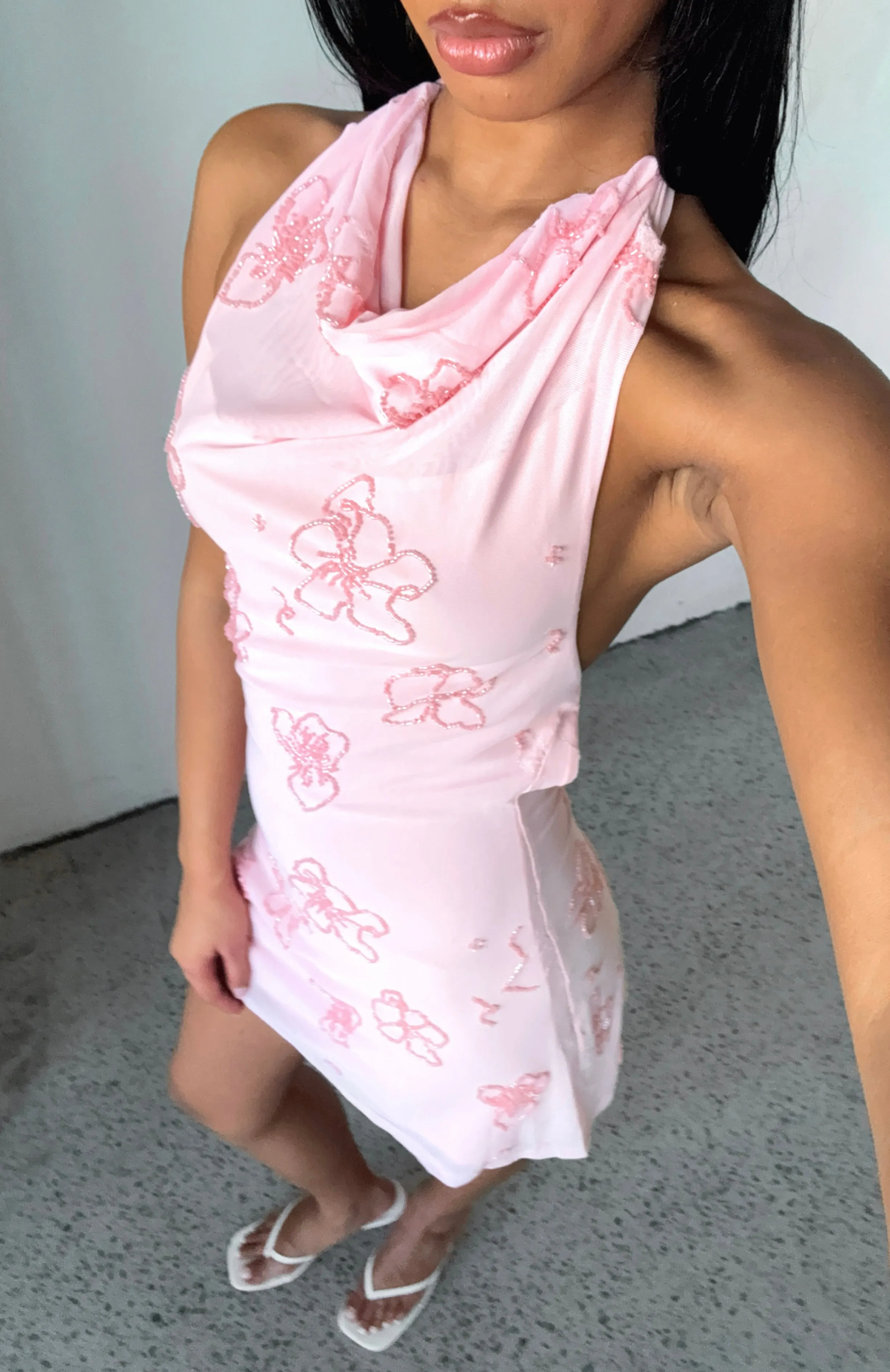 Between The Lines Beaded Mini Dress Pink Floral-Pattern Cut-Out-Detail