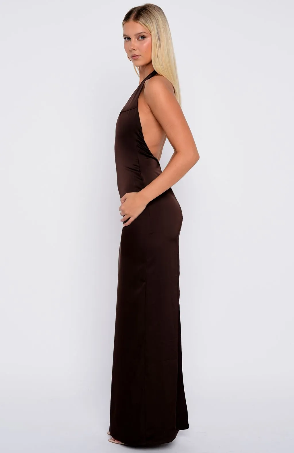 Night-Time Madness Halter Maxi Dress Chocolate Chill Wear