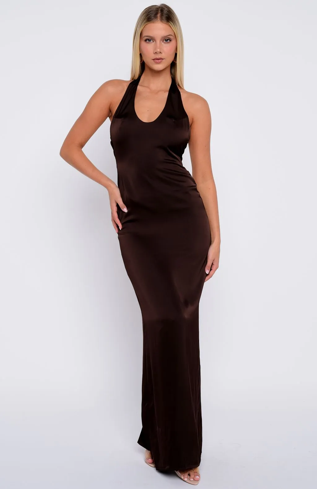 Slim-fit Night-Time Madness Halter Maxi Dress Chocolate