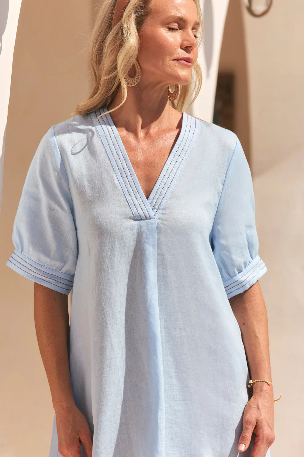 Pure Vibes Kora A-Line Puff Sleeve Linen Dress in Powder Blue