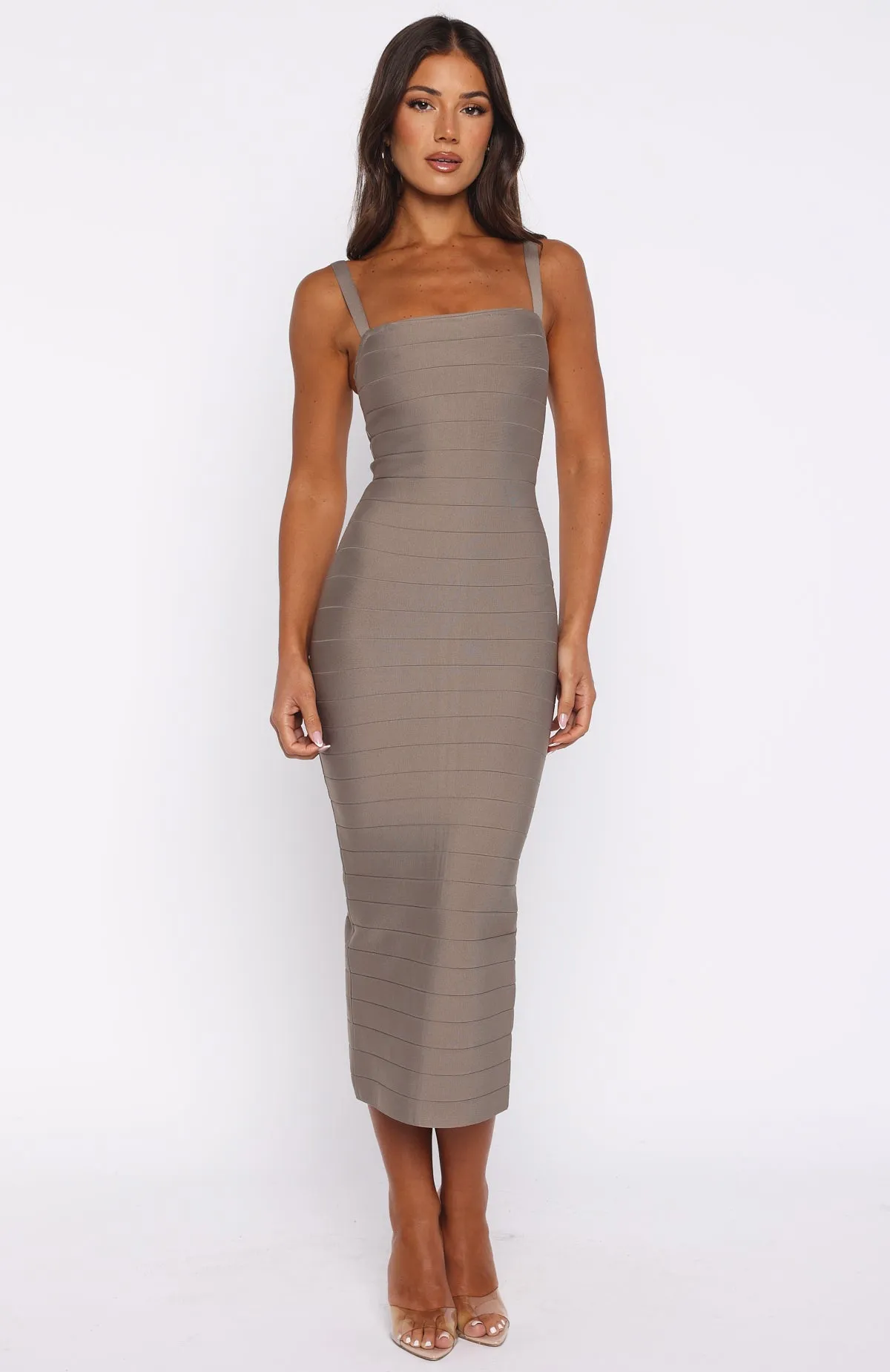 Sugar And Spice Bandage Midi Dress Mocha FlexibleClosure ruffle trim