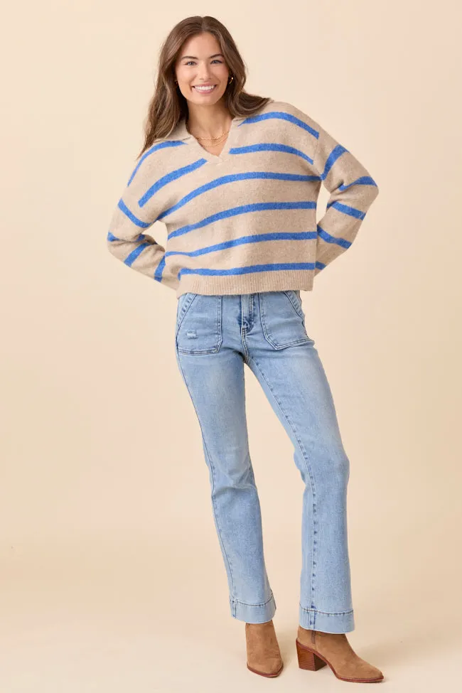 AntiStaticTechnology Chic Edge Carter Beige And Blue Striped Sweater