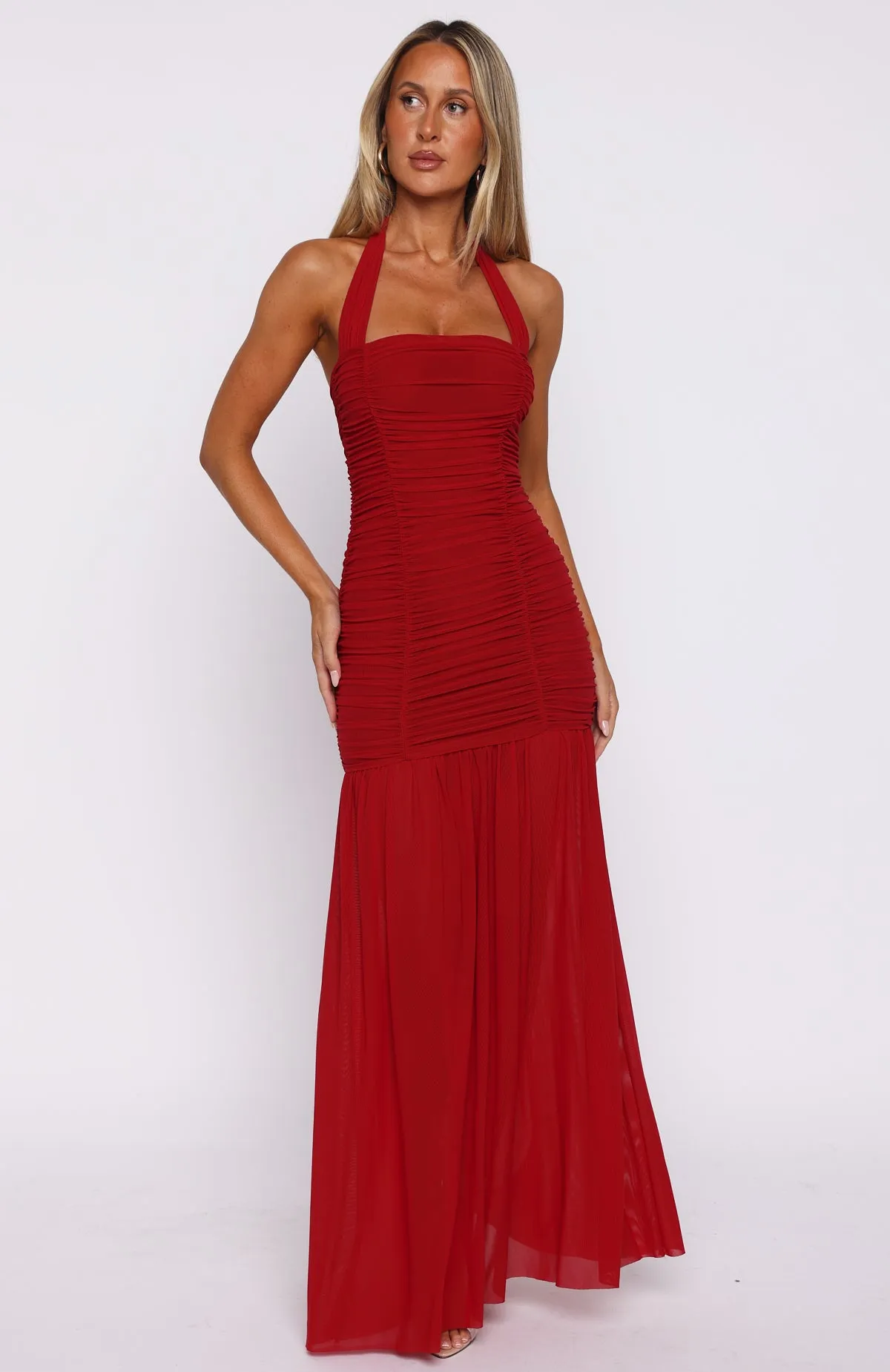 Transitional-Wear Smooth Mood Unbothered Always Halter Maxi Dress Deep Red