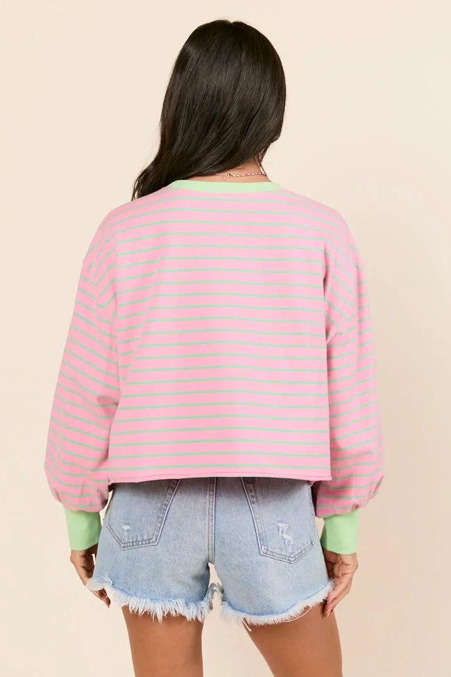 Rustic Ease Unique Cut Susanna Long Sleeve Pink and Green Stripe Knit Tee