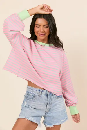 Susanna Long Sleeve Pink and Green Stripe Knit Tee EasyAdjustStraps