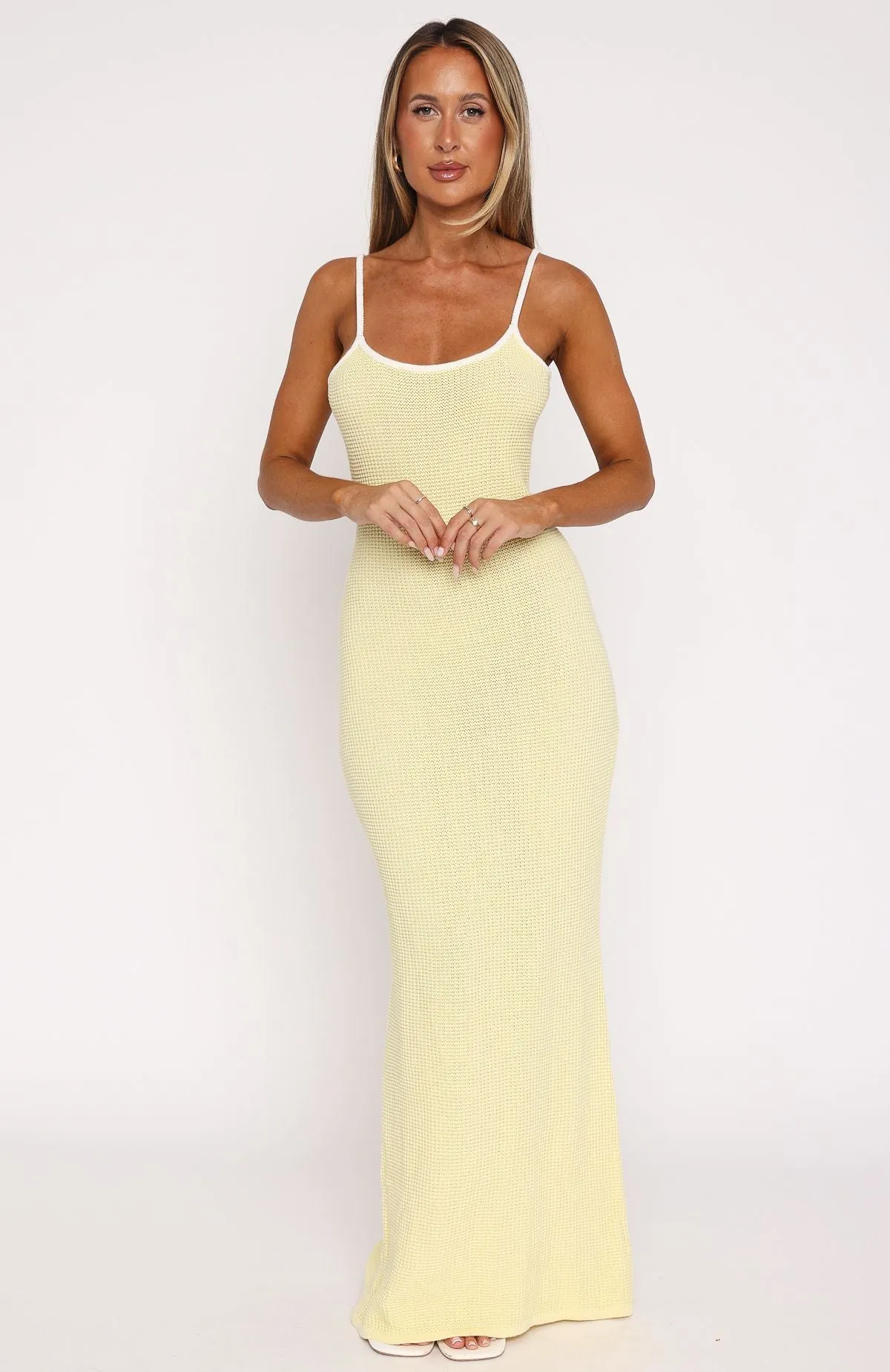 Came A Long Way Crochet Maxi Dress Lemon Magnetic-Closure Stylish and Simple