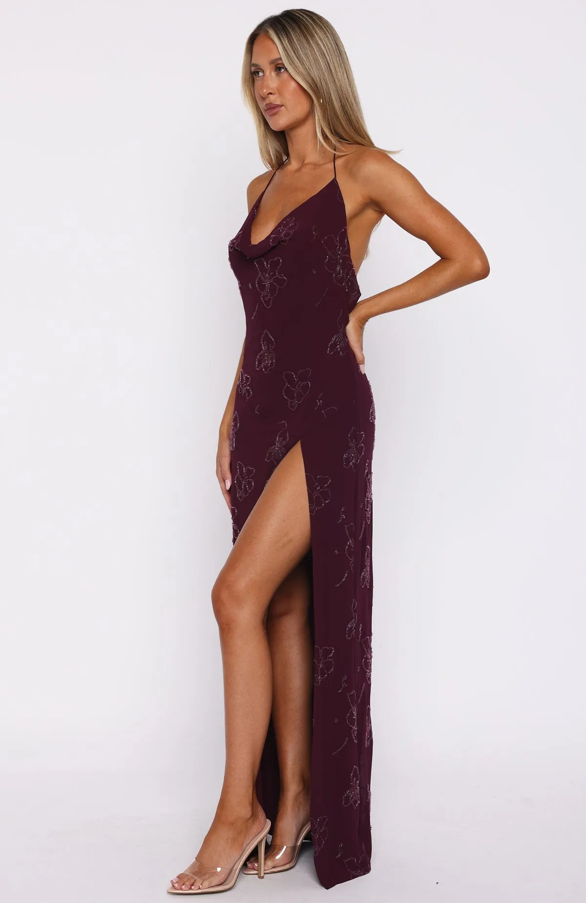 Pleat-Front Slow Dancer Beaded Maxi Dress Deep Plum