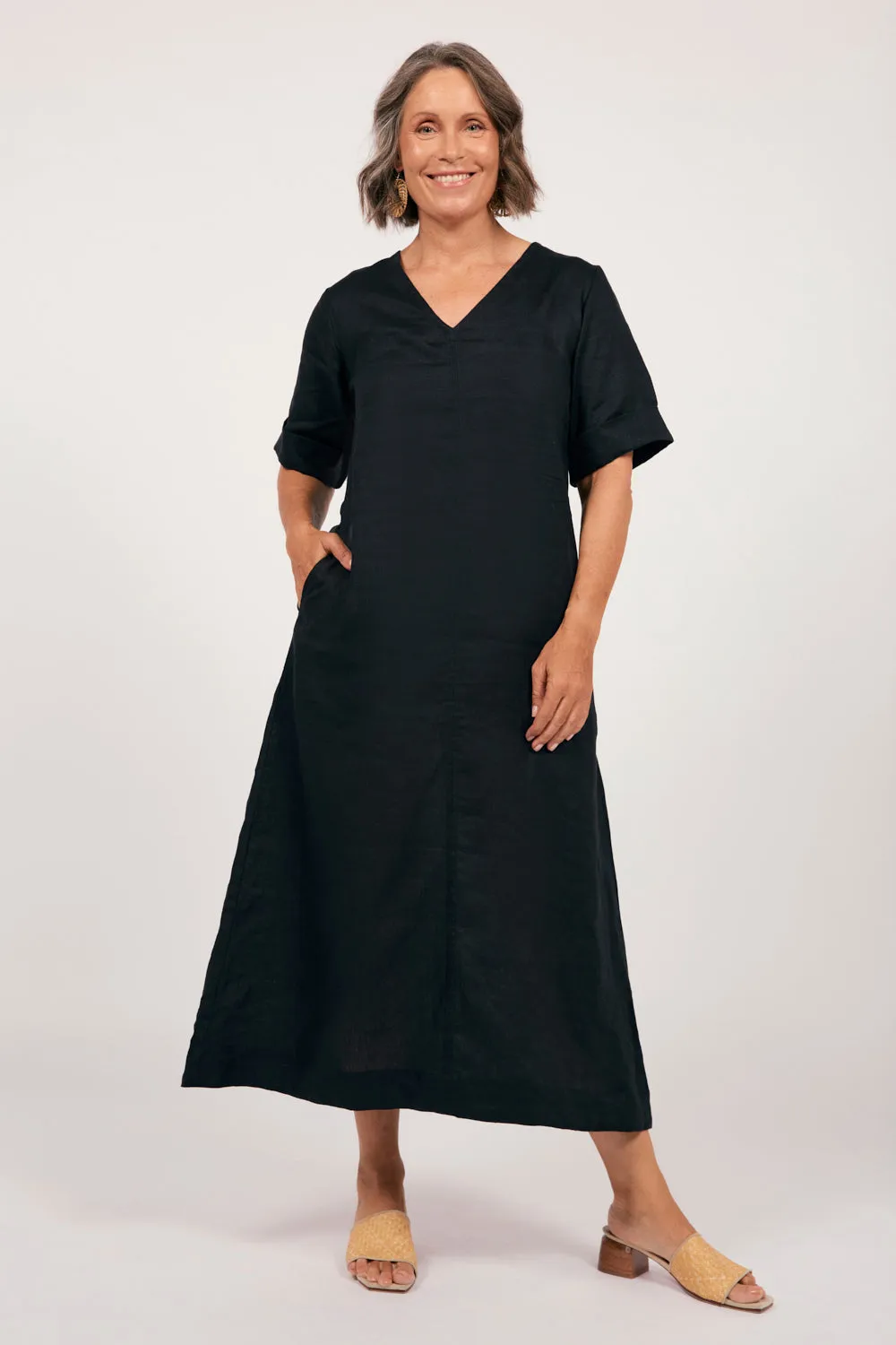 Seamless-Look Raw-Hem Tamara Linen V-Neck Dress in Black