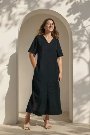 Tamara Linen V-Neck Dress in Black Summer Ready Asymmetric-Neck