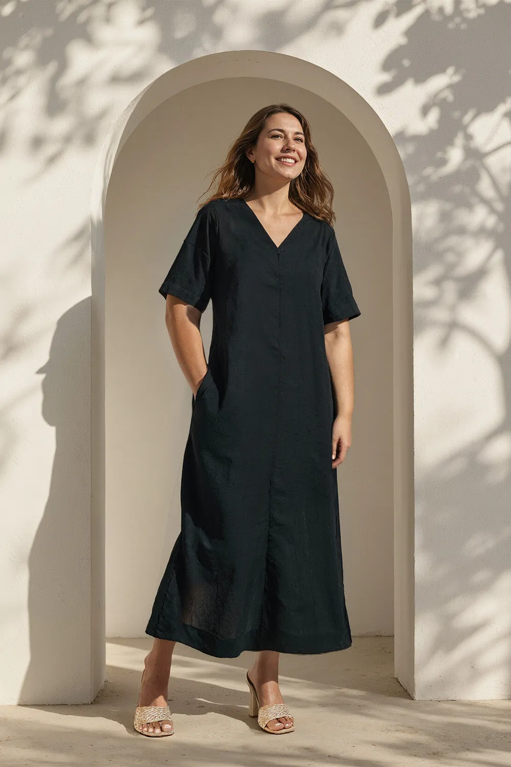 Tamara Linen V-Neck Dress in Black Summer Ready Asymmetric-Neck