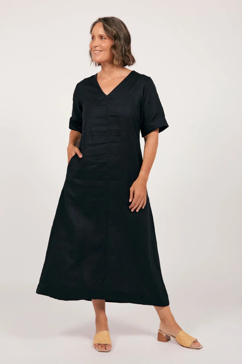 Relaxed and Elegant Tamara Linen V-Neck Dress in Black
