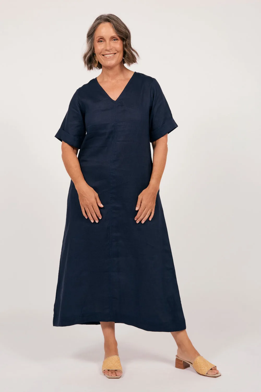 Tamara Linen V-Neck Dress in Navy Grace Glow Comfortable Design