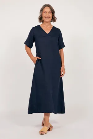 Glam Touch Versatile Style Wear Tamara Linen V-Neck Dress in Navy