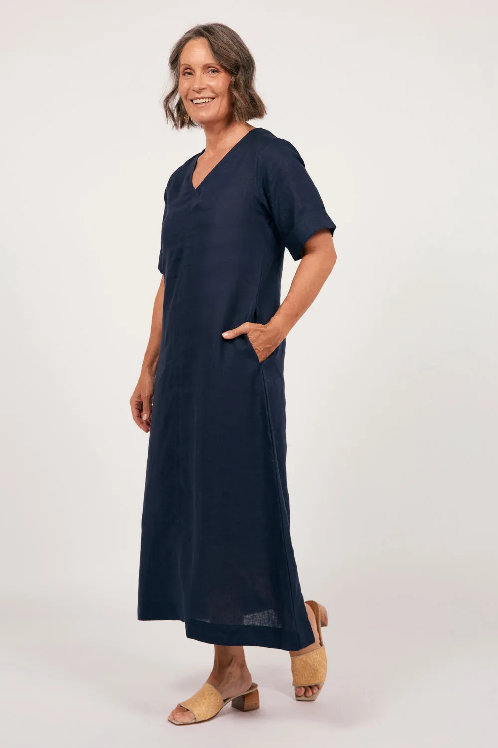 Structured-Shape Light Attitude Tamara Linen V-Neck Dress in Navy