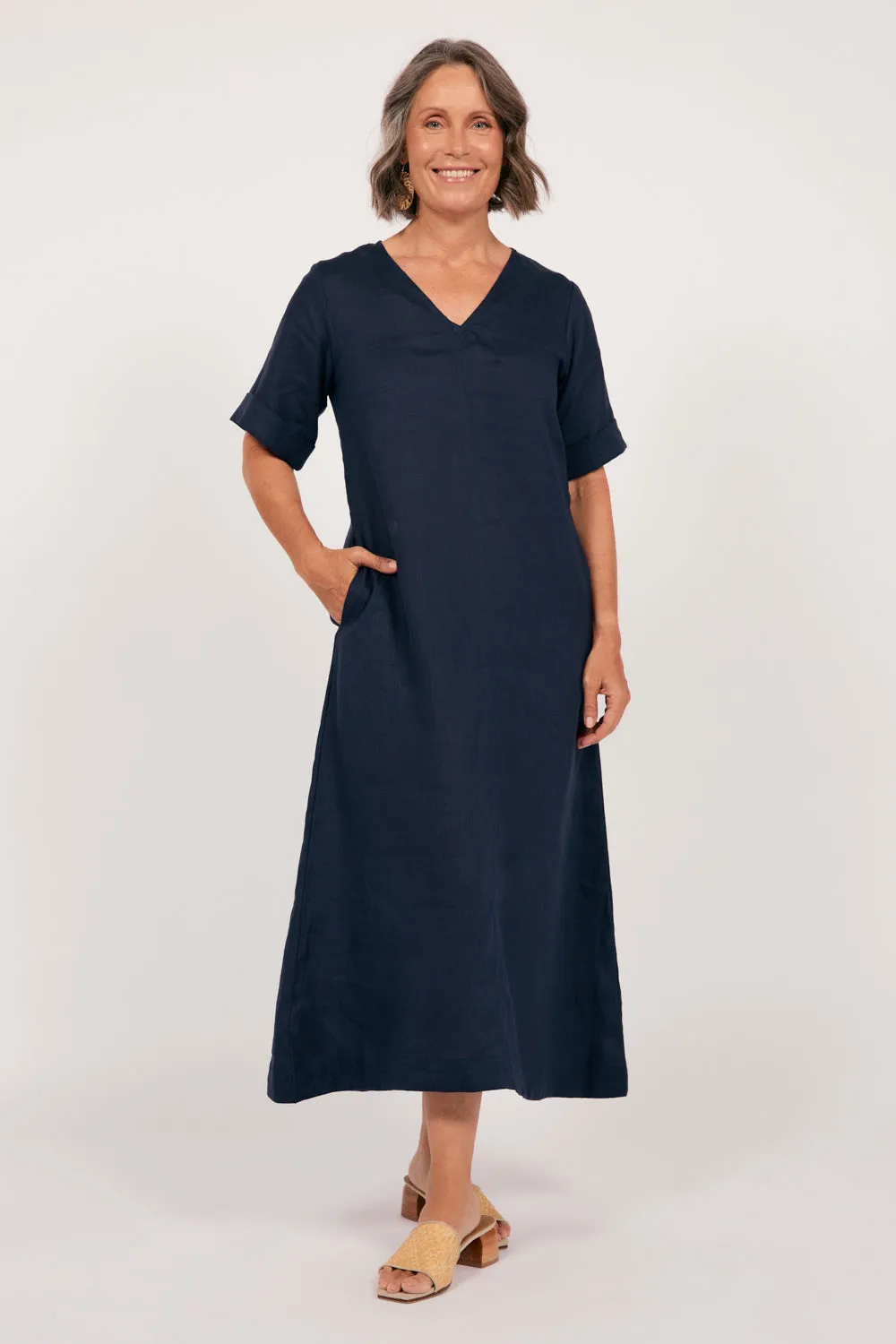 Glam Touch Versatile Style Wear Tamara Linen V-Neck Dress in Navy