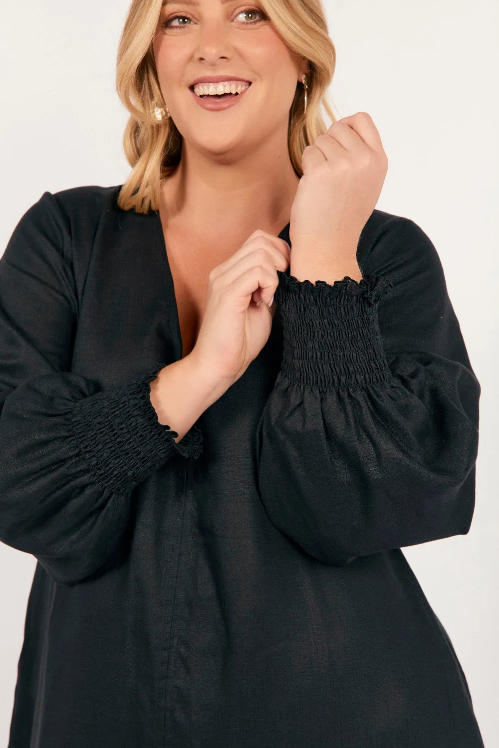 Tamara Long Sleeve Linen Dress in Black Contemporary Wear Effortless Layer Wear