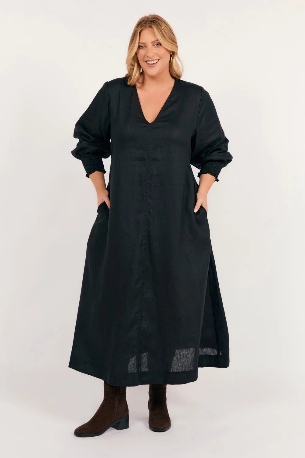 Tamara Long Sleeve Linen Dress in Black Vibe Choice Balanced Lines