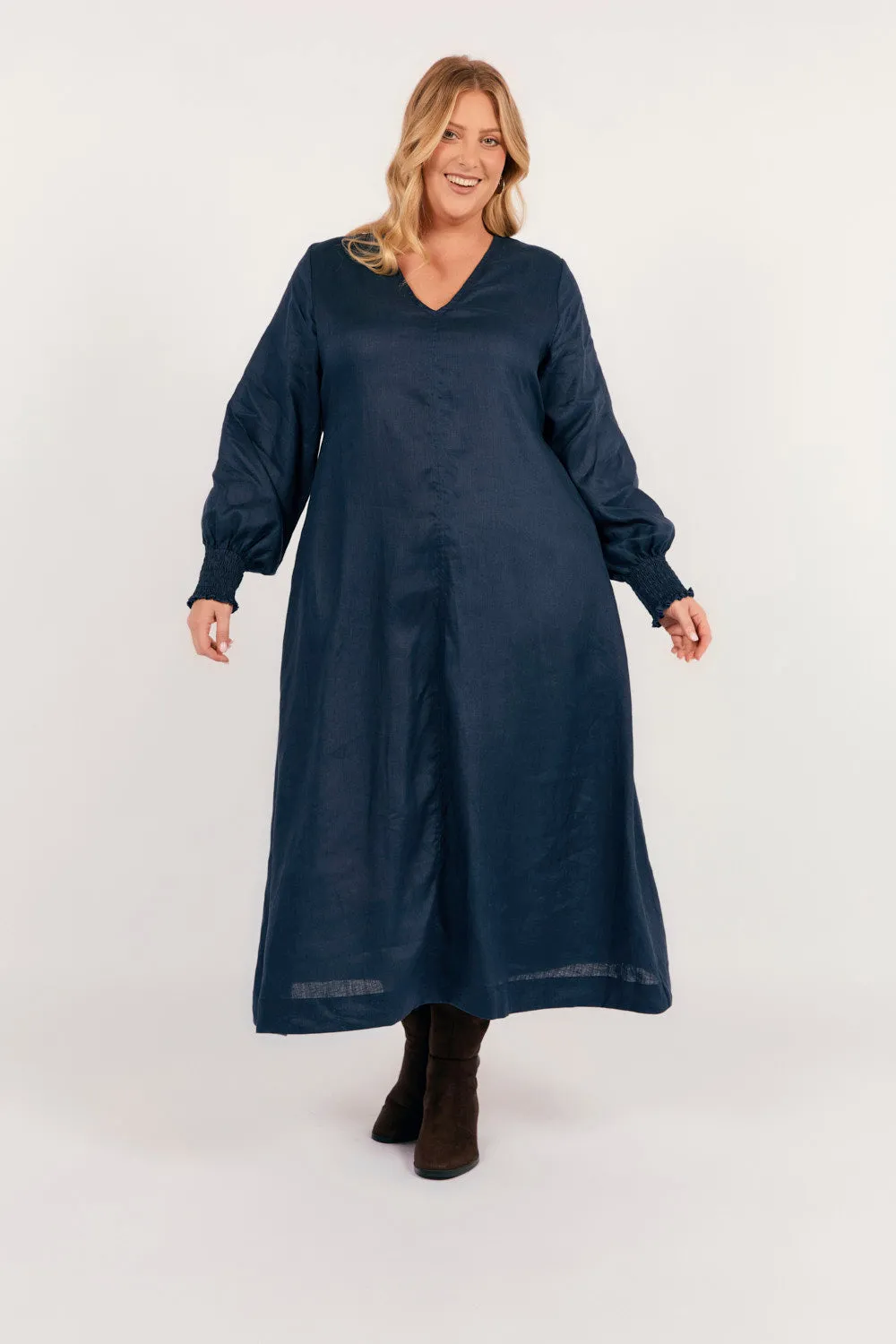 Versatile dress for layering Tamara Long Sleeve Linen Dress in Navy