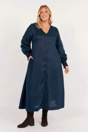 Minimalist Elegance Tamara Long Sleeve Linen Dress in Navy