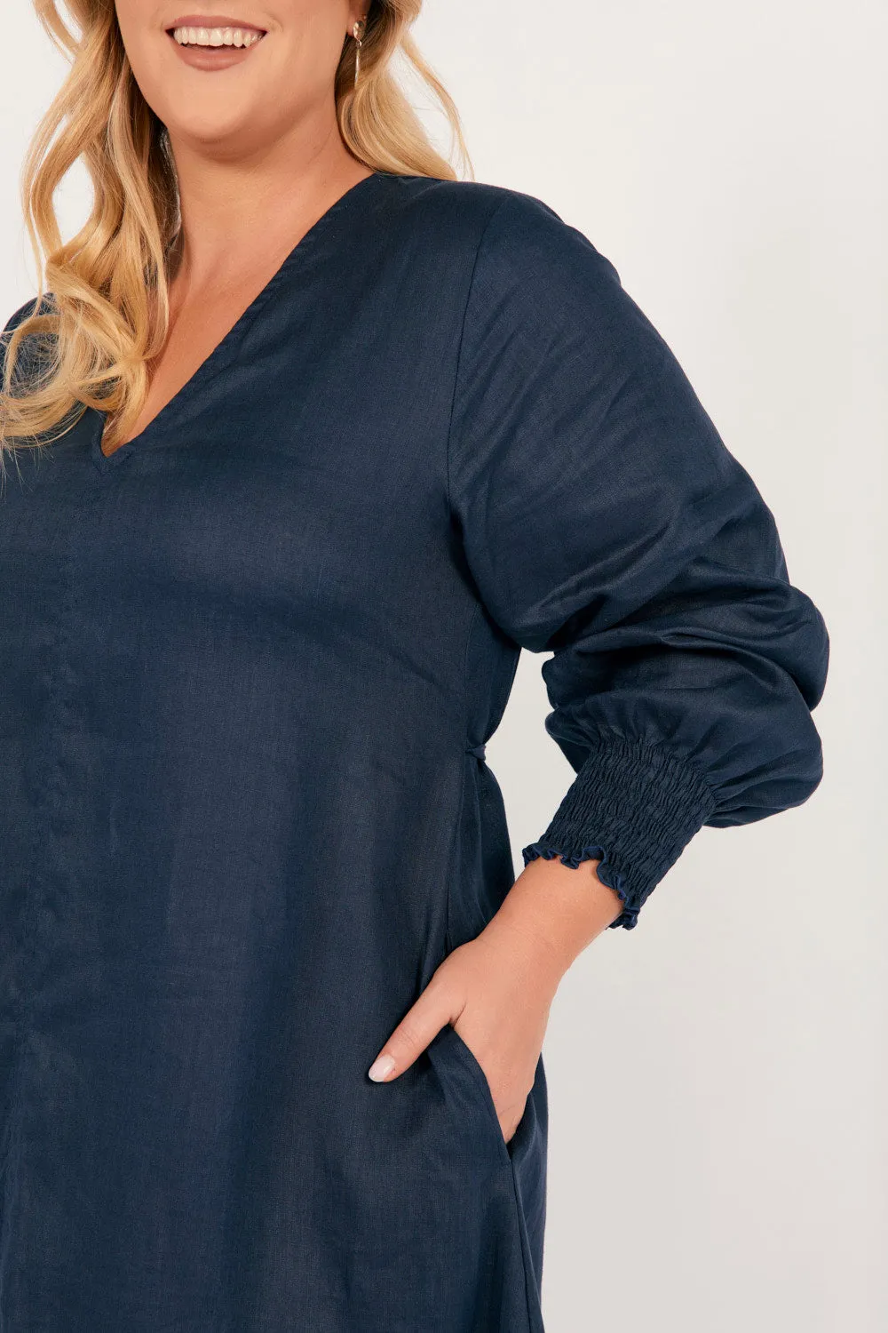 Elegant formal outfit Tamara Long Sleeve Linen Dress in Navy