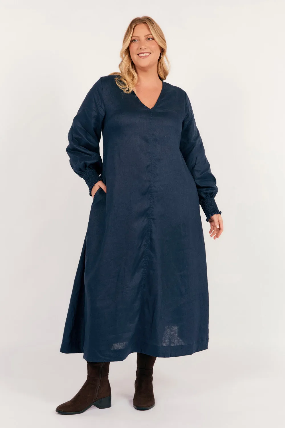 Minimalist Elegance Tamara Long Sleeve Linen Dress in Navy