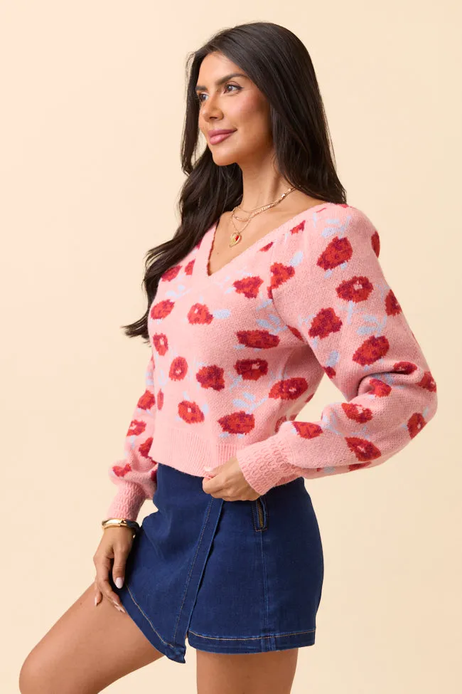 Glow Up Hero Fit Amara Long Sleeve Blush Floral V Neck Sweater SALE