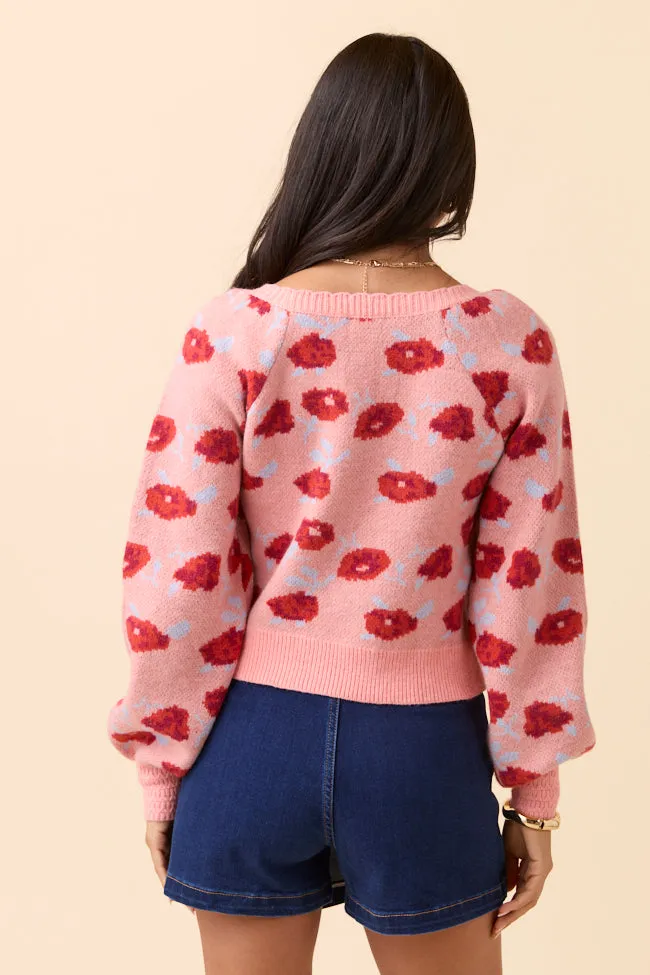 Love Core Amara Long Sleeve Blush Floral V Neck Sweater SALE